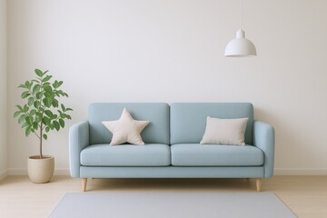 Fototapeta premium Serene Living Room Scene Featuring a Light Blue Sofa with Decorative Pillows and a Potted Plant, Illuminated by a Pendant Lamp