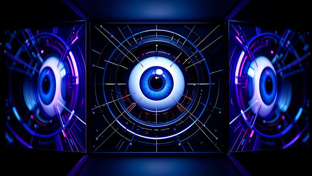 Futuristic digital eye with glowing blue iris and purple circuits