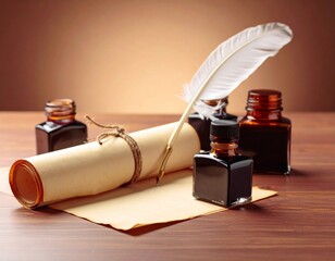 Antique ink bottles with cork stoppers and feather quill pen on rustic wooden table evoking classic calligraphy and vintage writing charm. Old ink vial wood desk bird feather write tool