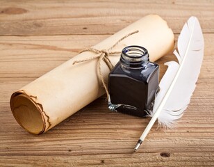 Antique ink bottles with cork stoppers and feather quill pen on rustic wooden table evoking classic calligraphy and vintage writing charm. Old ink pot wood desk bird feather write tool