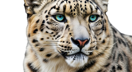 Fototapeta premium Snow leopard head close-up with piercing blue eyes, isolated on white background