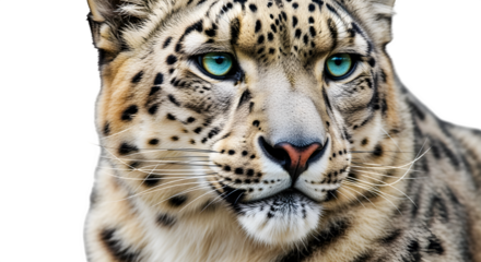 Snow leopard head close-up with piercing blue eyes, isolated on white background