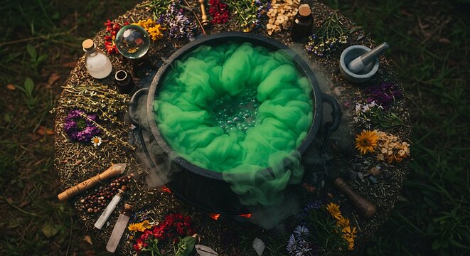 Magical cauldron brewing vibrant green potion with smoke