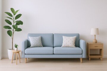 Serene Living Room Scene with Light Blue Sofa, Decorative Pillows, and Natural Wood Accents