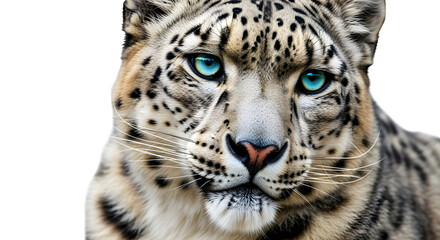 Obraz premium Snow leopard head close-up with piercing blue eyes, isolated on white background