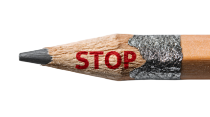 The word stop is written on the side of a wooden pencil tip isolated on transparent background