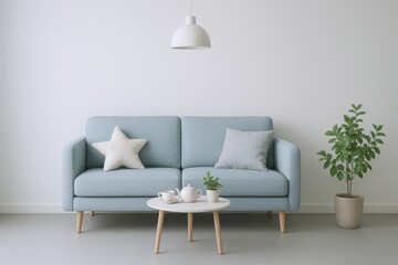 Serene living room scene featuring a light blue sofa, star-shaped pillow, and minimalist coffee table with tea set and plant.