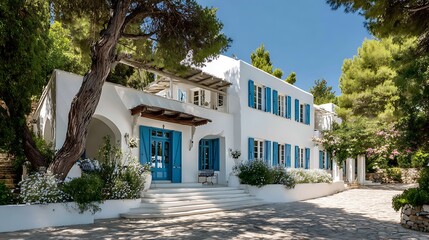 Fototapeta premium Beautiful White Villa with Blue Shutters Surrounded by Lush Green Trees and Nature