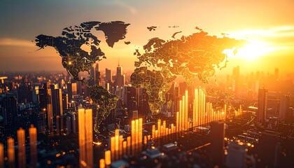Global business and financial technology concept with a world map hologram over a modern city skyline at sunrise.