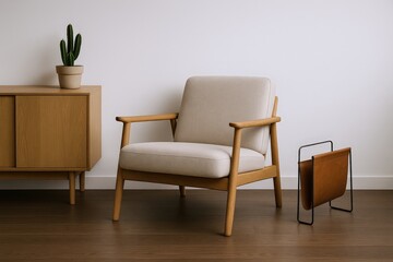 Modern Scandinavian Armchair and Sideboard with Cactus and Leather Magazine Rack in a Minimalist Interior Setting