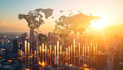 Futuristic cityscape with glowing stock market graph and world map representing global business and investment.