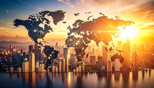 Global business network and communication concept with a world map overlay on a modern city skyline at sunrise.
