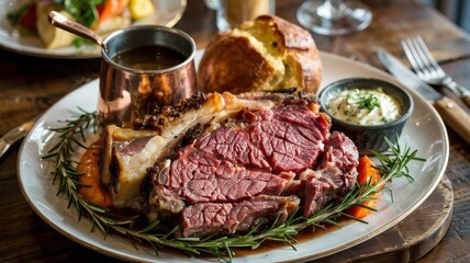 Slow roasted prime rib dinner elegantly sliced and plated with rosemary garnish, Yorkshire pudding and creamy horseradish sauce on rustic wooden table