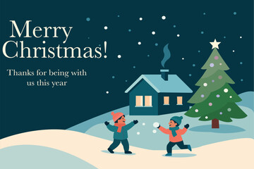 Colorful Christmas Card Design Featuring Happy Children Playing in Snow Next to Pine Tree