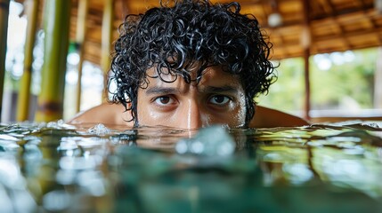Recovery station ice bath experience capturing content young man with water droplets during cooling hydrotherapy session in contemporary bamboo wellness space