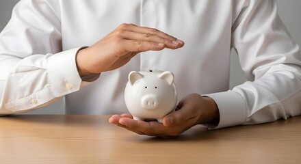 Protecting your savings concept: man holding piggy bank for financial security and future planning