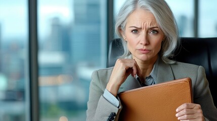 Fototapeta premium Nervous interview showing professional woman with gray hair holding brown portfolio with anxious facial expression in corporate setting