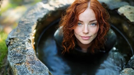 Recovery supplies outdoor cold immersion therapy featuring redhead woman in stone bath, wellness rejuvenation experience for muscle recovery and relaxation