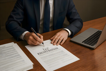 Man in a formal suit sitting at a table with documents, papers of LLC registration and an open laptop computer, working in an office environment during the day