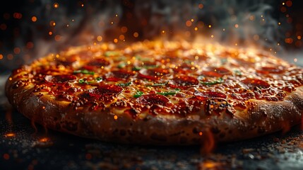 Savor the delicious, piping hot pepperoni pizza with fiery toppings and smoky ambiance