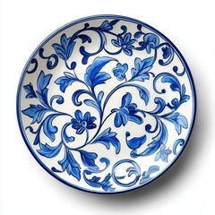 Blue and White Porcelain Plate with Intricate Floral Design, Generative AI