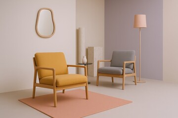 Modern Living Room with Two Armchairs, a Floor Lamp, and a Unique Mirror, Showcasing Scandinavian Design Elements