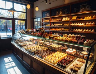Delicious display of baked goods in a charming bakery interior with natural light