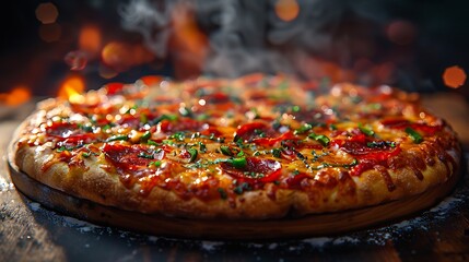Savor this steaming pepperoni pizza, a delicious Italian classic, ready to enjoy