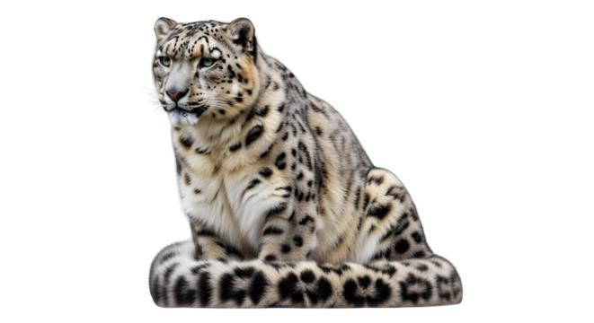 Snow leopard sitting calmly with detailed fur texture, isolated on white background