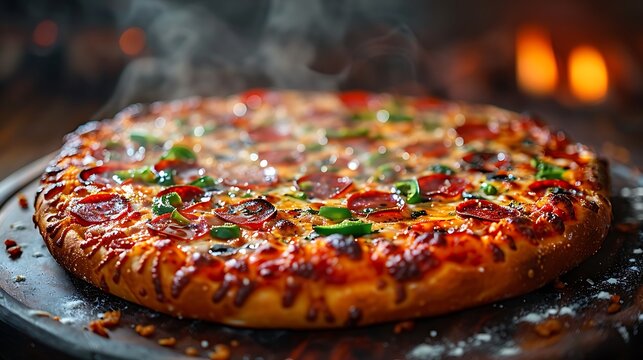 Steaming hot pepperoni and jalapeno pizza fresh from the oven, a delicious treat.