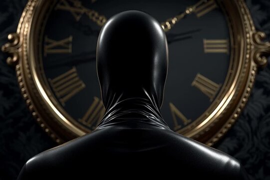 Close-Up of Matte Black Human Silhouette Gazing at Ornate Antique Wall Clock with Dramatic Light and Shadow Patterns Creating a Timeless, Mysterious, and Introspective Atmosphere