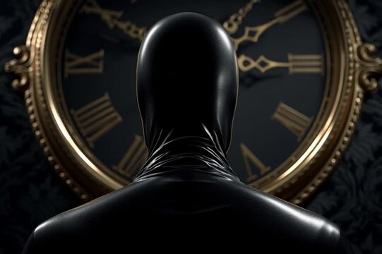 Close-Up of Matte Black Human Silhouette Gazing at Ornate Antique Wall Clock with Dramatic Light and Shadow Patterns Creating a Timeless, Mysterious, and Introspective Atmosphere