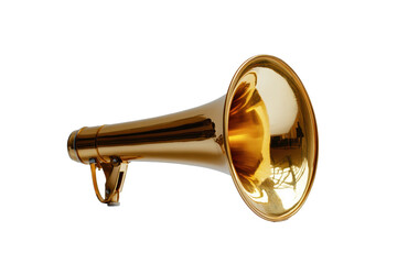 Gold horn megaphone on a white background, an essential tool for effective communication and public speaking, showcasing its polished finish and unique design features