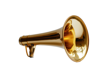 Gold horn megaphone on a white background, an essential tool for effective communication and public speaking, showcasing its polished finish and unique design features