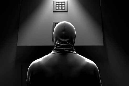 Shadowy human figure facing a heavy metal hatch with a glowing keypad, light outlining the cold surface, creating a high-contrast black and white secretive and powerful atmosphere.