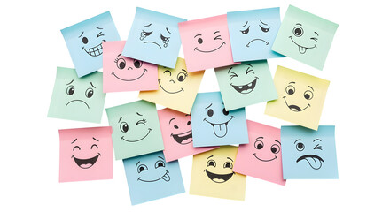 Fototapeta premium Soft pastel sticky notes with doodle faces, isolated on white background