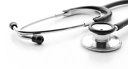 A closeup of a silver and black stethoscope on a white background