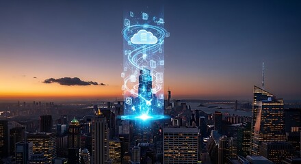 Futuristic cityscape with digital cloud data stream
