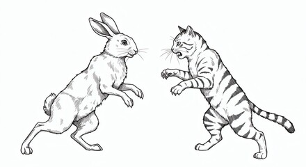 A black and white sketch featuring a rabbit standing on its hind legs and a cat with an angry expression and raised claws.
