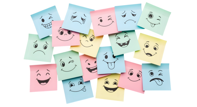 Soft pastel sticky notes with doodle faces, isolated on white background