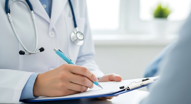 A doctor writes on a patients chart with a pen - Powered by Adobe