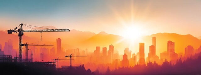 A city skyline with a large crane in the foreground