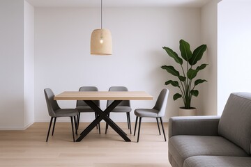 Modern Dining Room Setup Featuring a Wooden Table, Gray Upholstered Chairs, and a Large Potted Plant