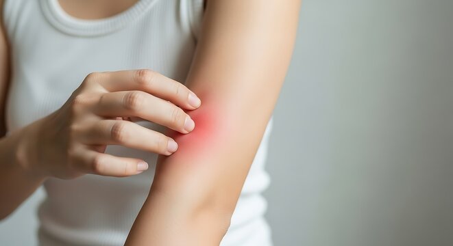 Close-up of a person's arm with visible red irritation, showing them scratching an uncomfortable itch, indicating a skin condition, allergic reaction, or insect bite.