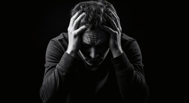 A man looks stressed, looking down and holding his head in his hands. Dramatic lighting creates deep shadows, highlighting his expression of pain and anxiety.