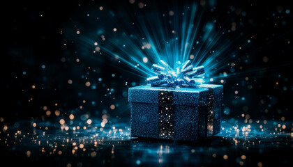 A magical box covered in glitter bursts with light and sparkling confetti, filling the air with celebration.