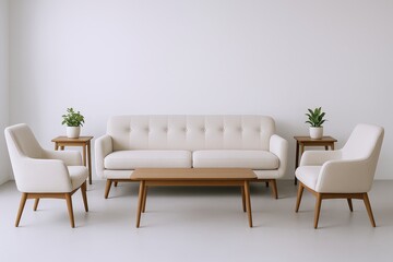 Minimalist Living Room Arrangement Featuring a Tufted Sofa, Armchairs, Coffee Table, and Side Tables with Plants