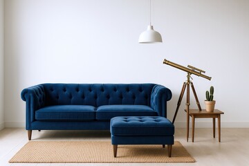 Luxurious Deep Blue Velvet Tufted Sofa and Ottoman with Antique Brass Telescope and Potted Cactus on Wooden Side Table
