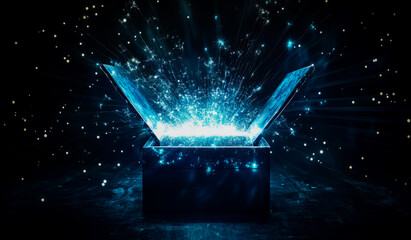 A magical box covered in glitter bursts with light and sparkling confetti, filling the air with celebration.