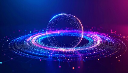 Futuristic digital sphere concept with glowing light particles orbiting in a cosmic swirl, representing big data and global networks.